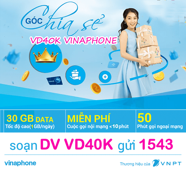 Cách đăng ký gói VD40K Vinaphone nhận ưu đãi 30GB + gọi thoại thả ga