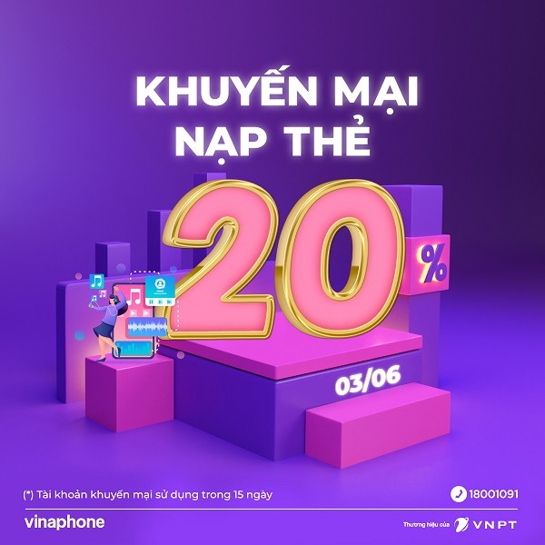 Khuyến mãi Vinaphone 3/6/2022 NGÀY VÀNG tặng 20% giá trị tiền nạp