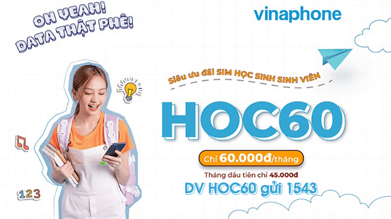 Đăng ký gói HOC60 Vinaphone nhận 60GB data, Free Tiktok, Youtube, app/web HocMai